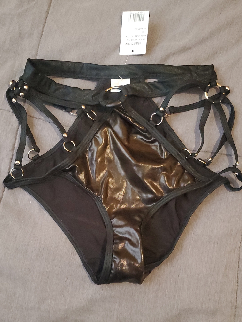 Black Strappy Faux Leather High-Waist Bikini Bottoms Lovers Lane OS NwT